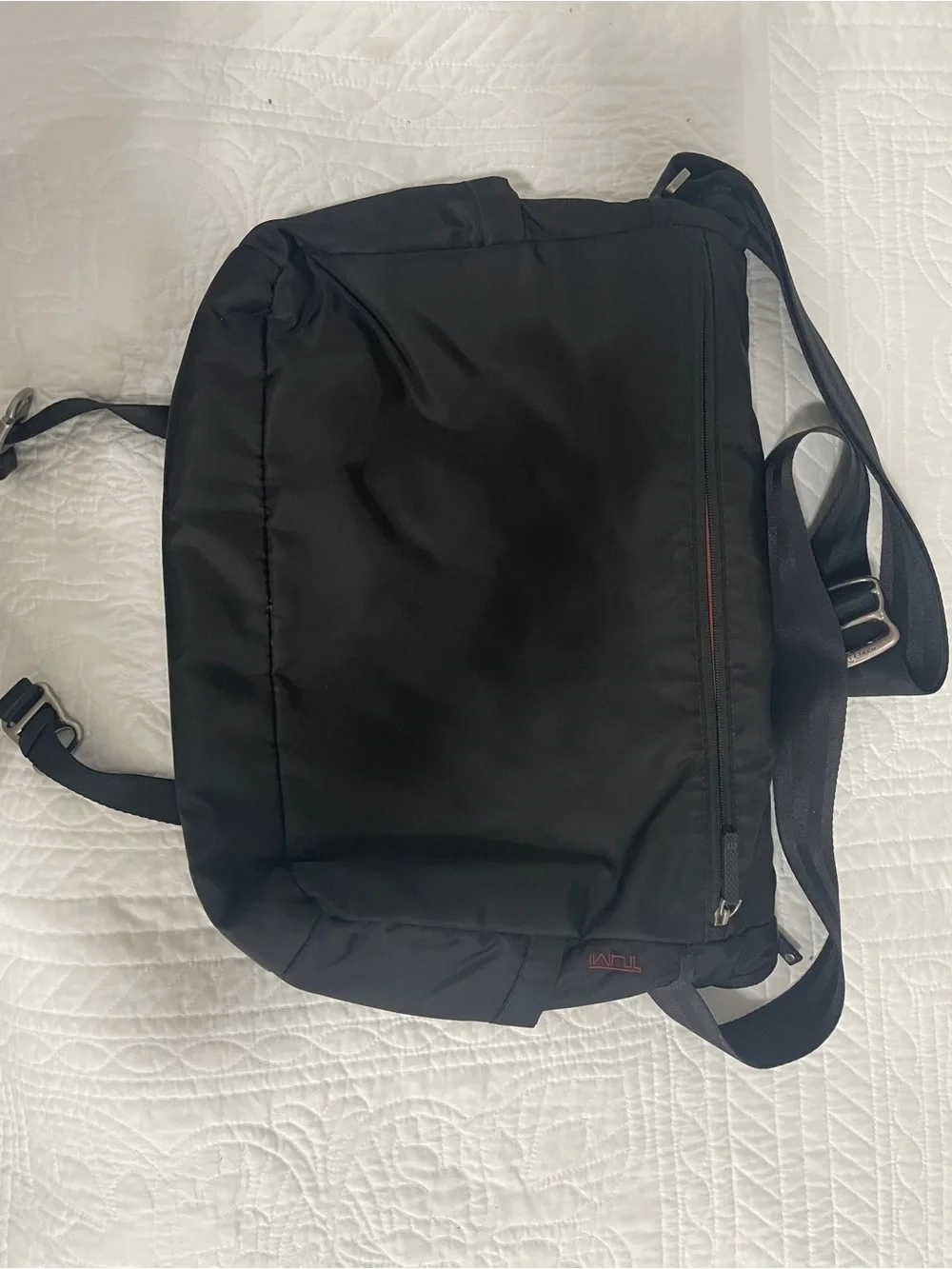 Tumi Black Messenger Bag with Red Interior